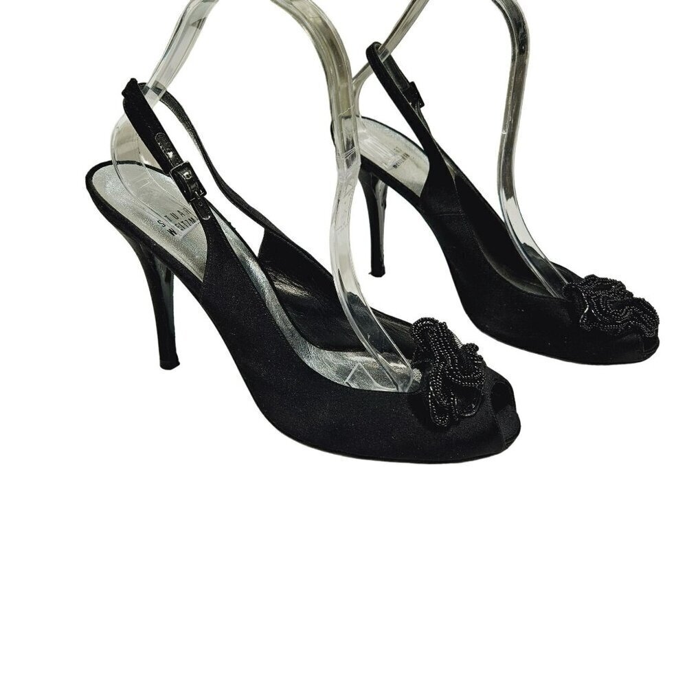 Stuart Weitzman Black Satin Beaded‎ Rosette Peep Toe Slingback Heels Size 10